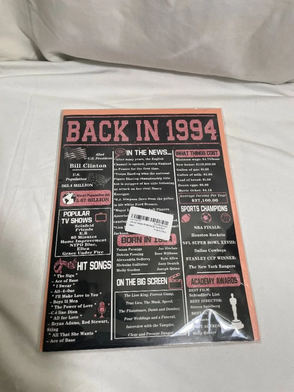Extra Large Back in 1994 30th Birthday Greeting Card 3D Pink Black 8x11